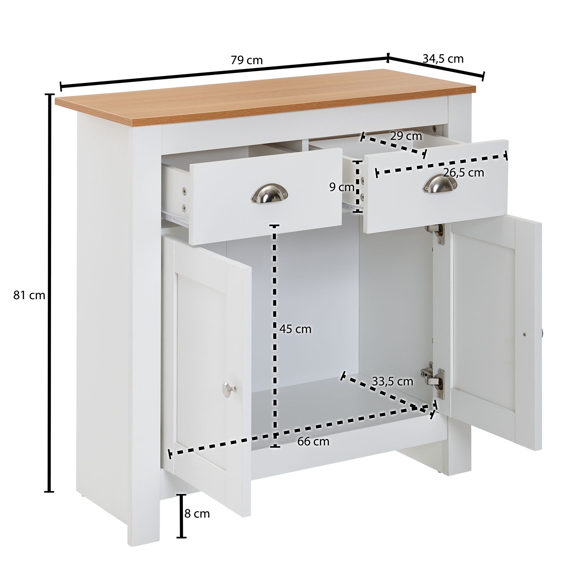 Credenza con 2 cassetti 79x81x34,5 cm cassettiera bianco / rovere moderno