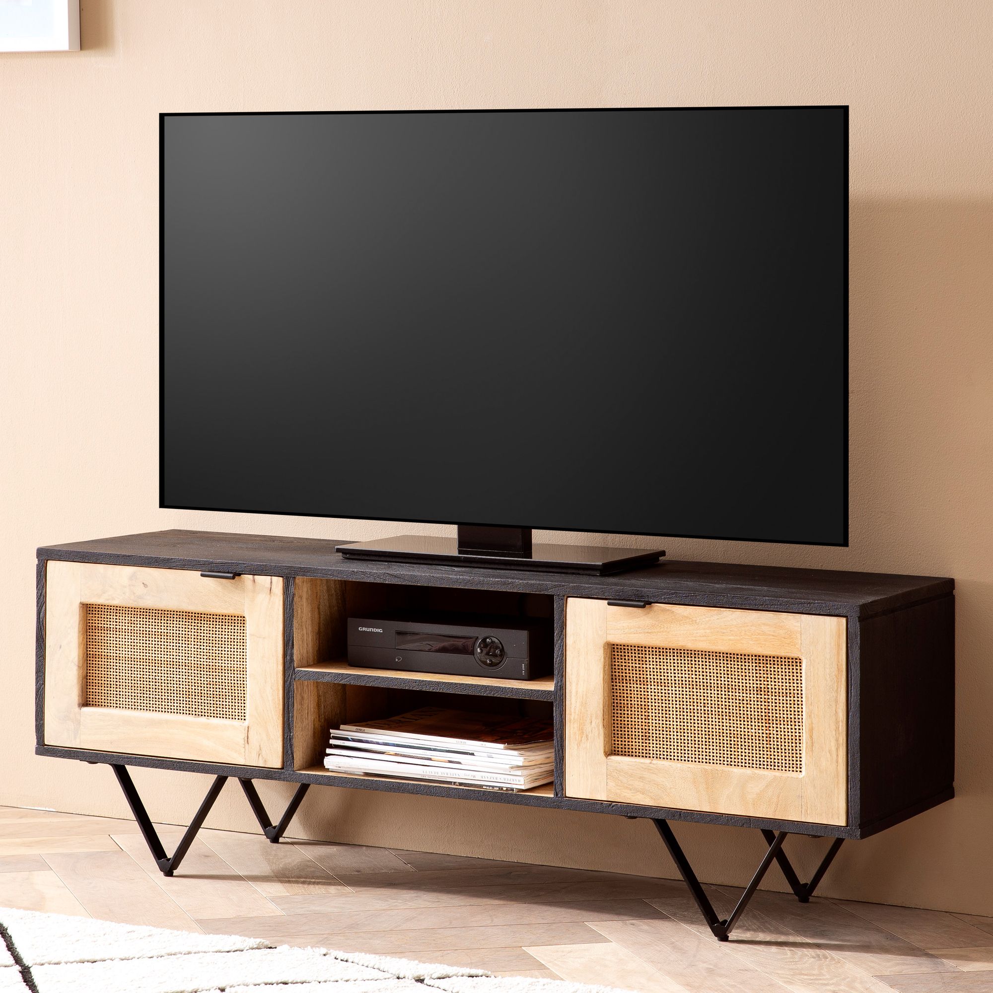 Design lowboard legno massello / rattan 120x44x35 cm tavolo tv rovere moderno