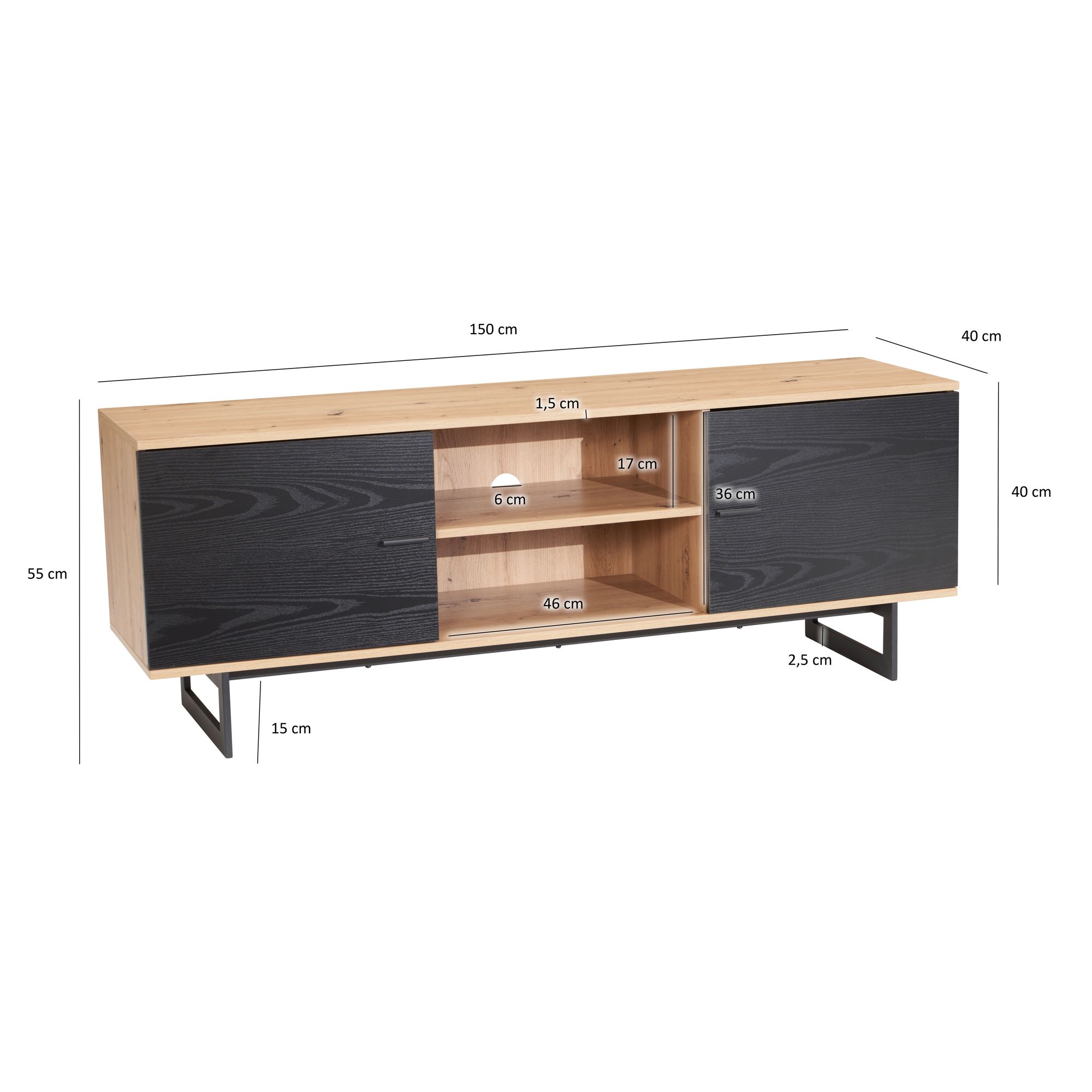 Mobile tv basso con decoro in rovere nero 150x55x40 cm mobile tv moderno, mobile tv di design alto, tavolo tv mobile tv con due ante, mobile tv soggiorno