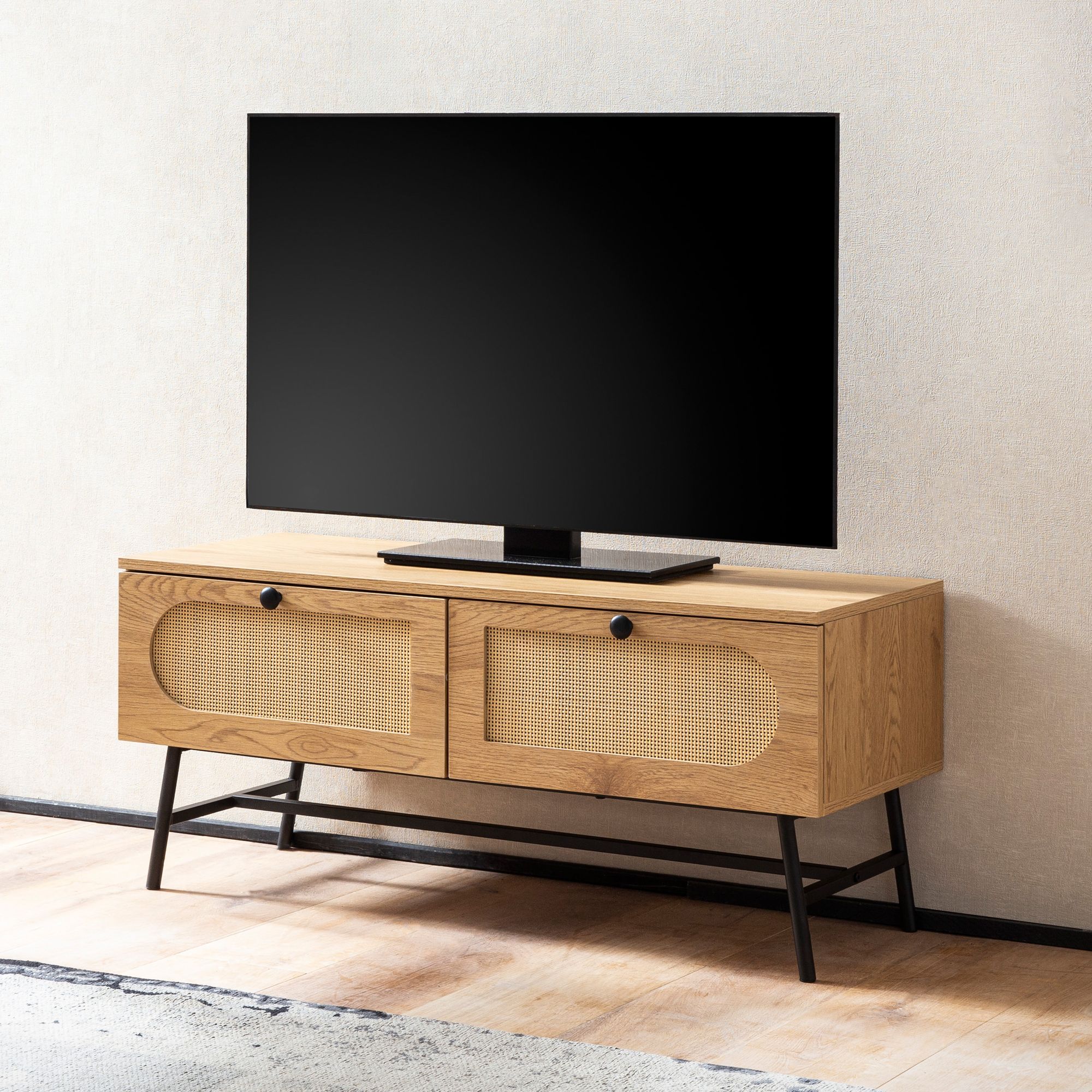 Mobile tv lowboard 100x45x40 cm con decoro in rovere e rattan, mobile tv di design alto con cassetti, tavolo tv mobile tv, mobile tv soggiorno