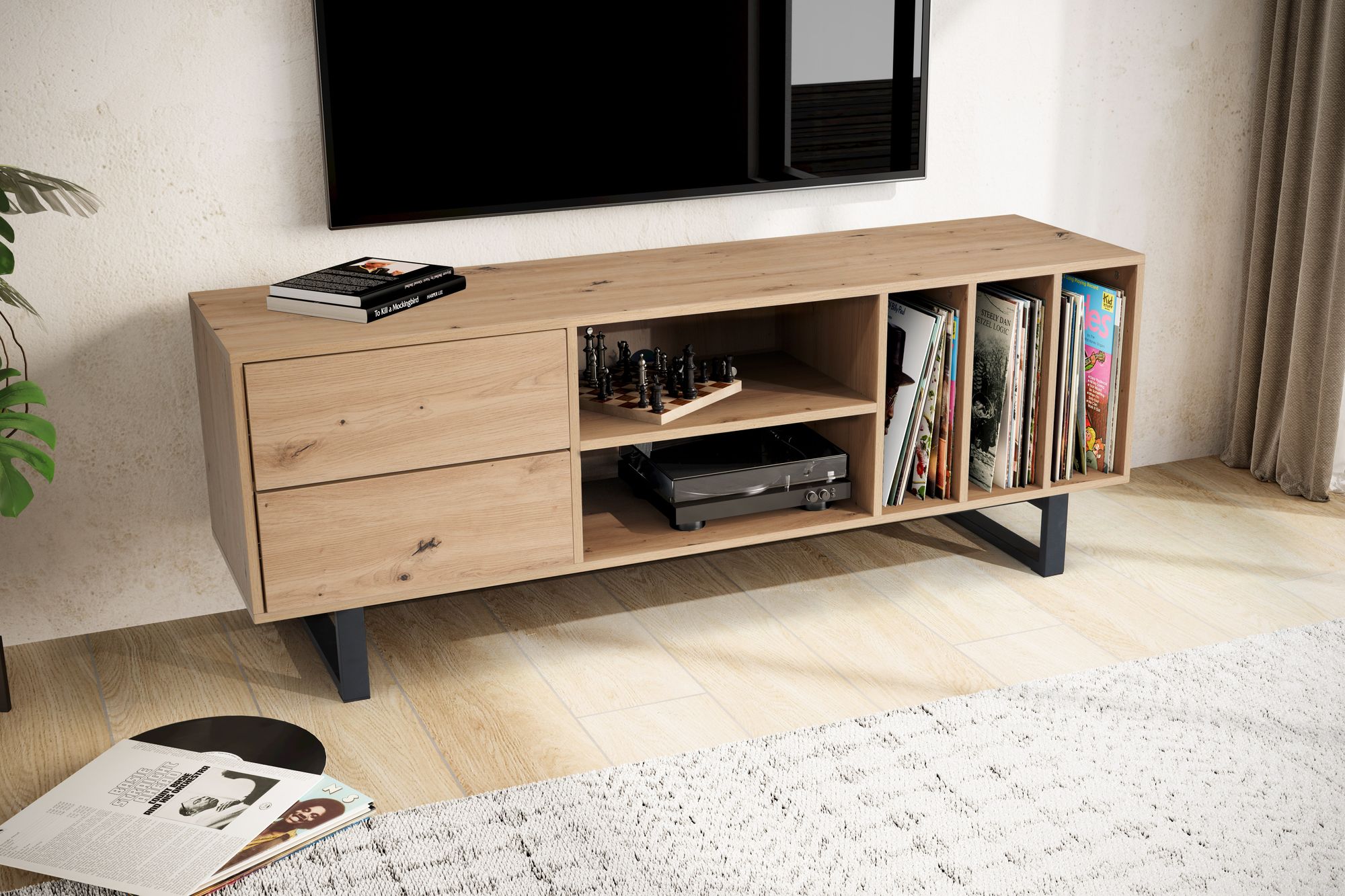 Tv basso con decoro in rovere 150x55x40 cm mobile tv moderno, mobile tv di design alto, tavolo tv mobile tv con cassetti e ripiano, mobile tv soggiorno