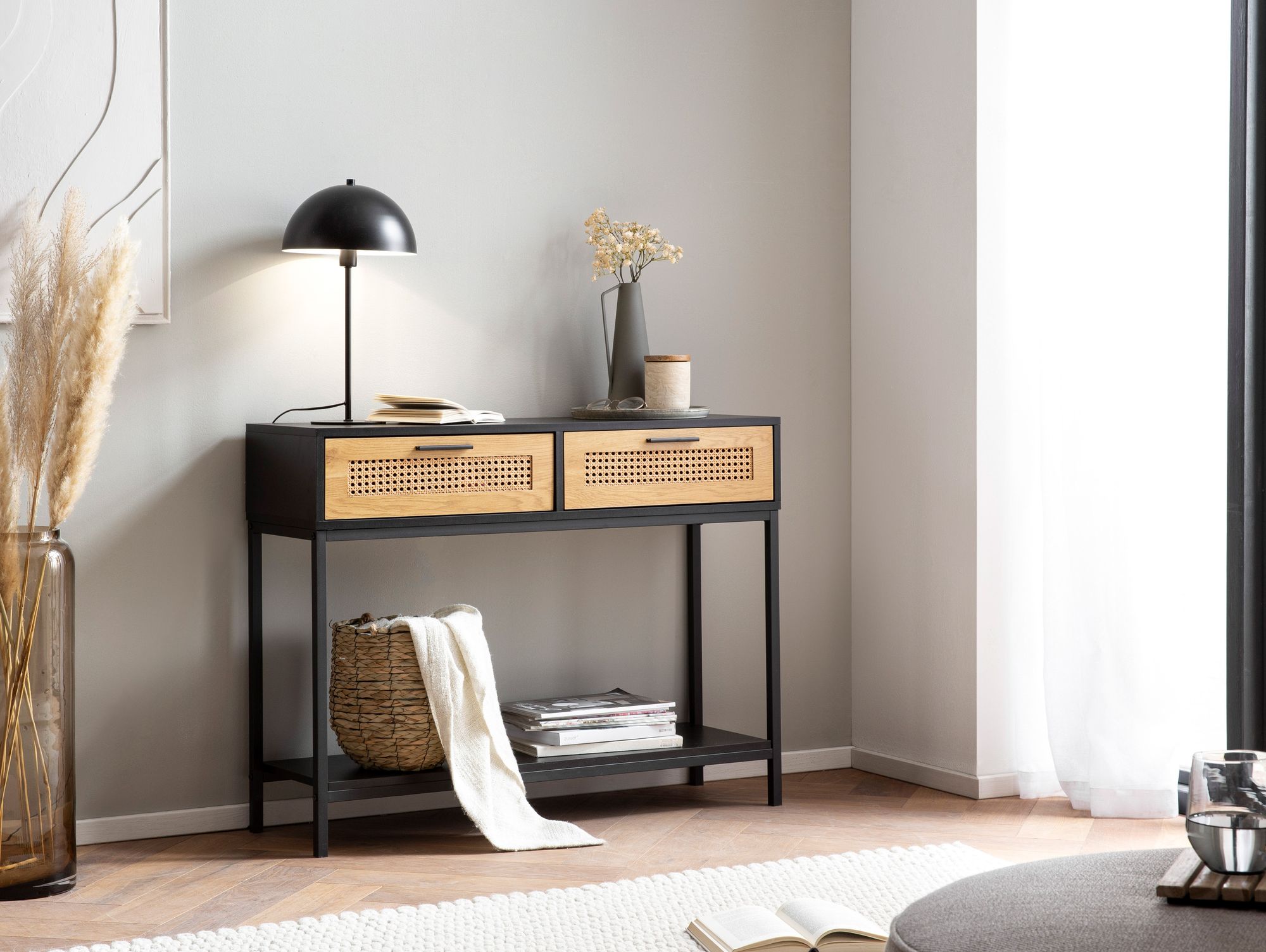 Tavolo consolle nero 100x30x75 cm stile moderno con cassetti, tavolo credenza vimini viennese con gambe di metallo, tavolo del corridoio stretto