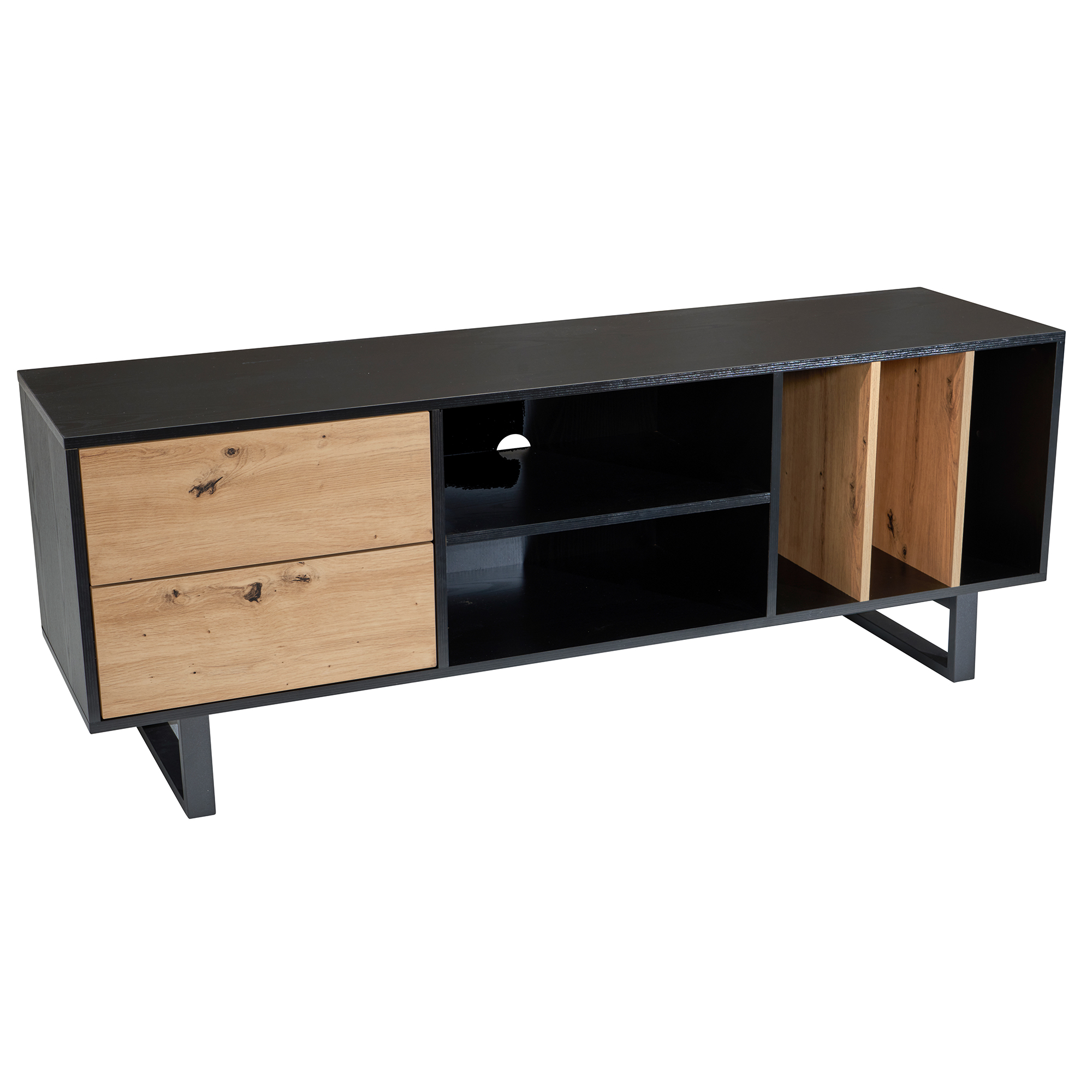 Credenza bassa nera con decoro in rovere 150x55x40 cm mobile tv moderno, mobile tv di design alto, tavolo tv mobile tv con cassetti e ripiano, mobile tv soggiorno