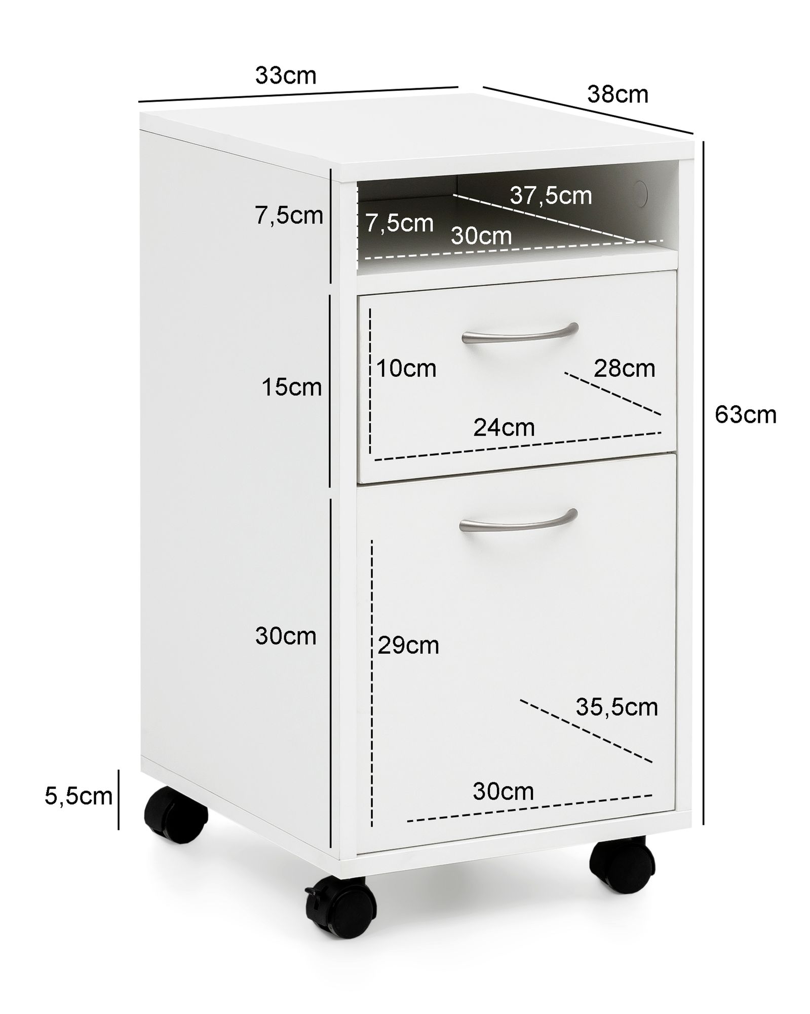 Contenitori a rulli wl5.901 bianco 33x63x38 cm base da tavolo mobile in legno