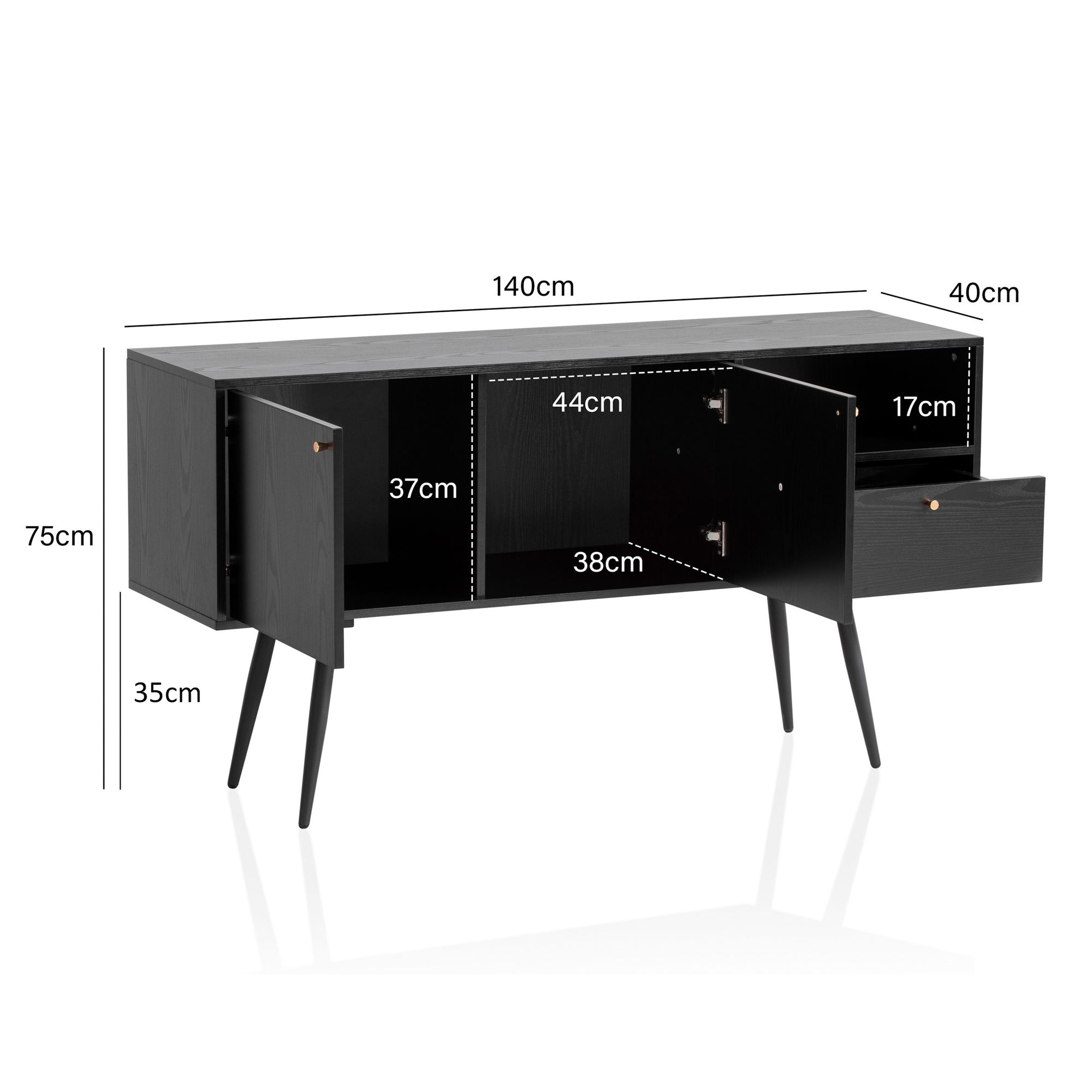 Credenza 140x75x40 cm cassettiera nera con decoro rovere senza tempo, cassettiera alta, armadio alto soggiorno con 2 ante e cassetto, credenza con vano aperto