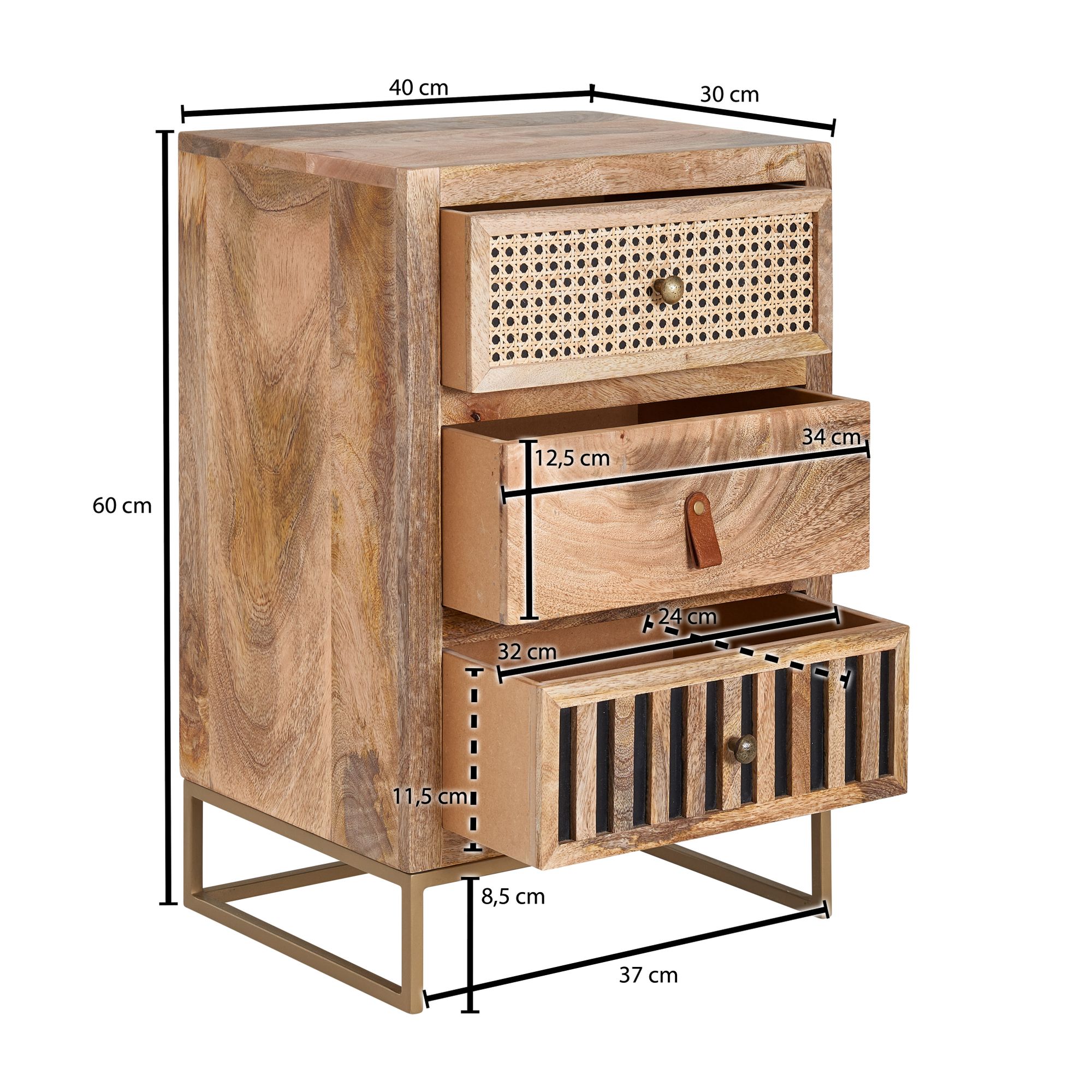 Comodino mango legno massello / metallo 40x60x30 cm comodino letto sommier