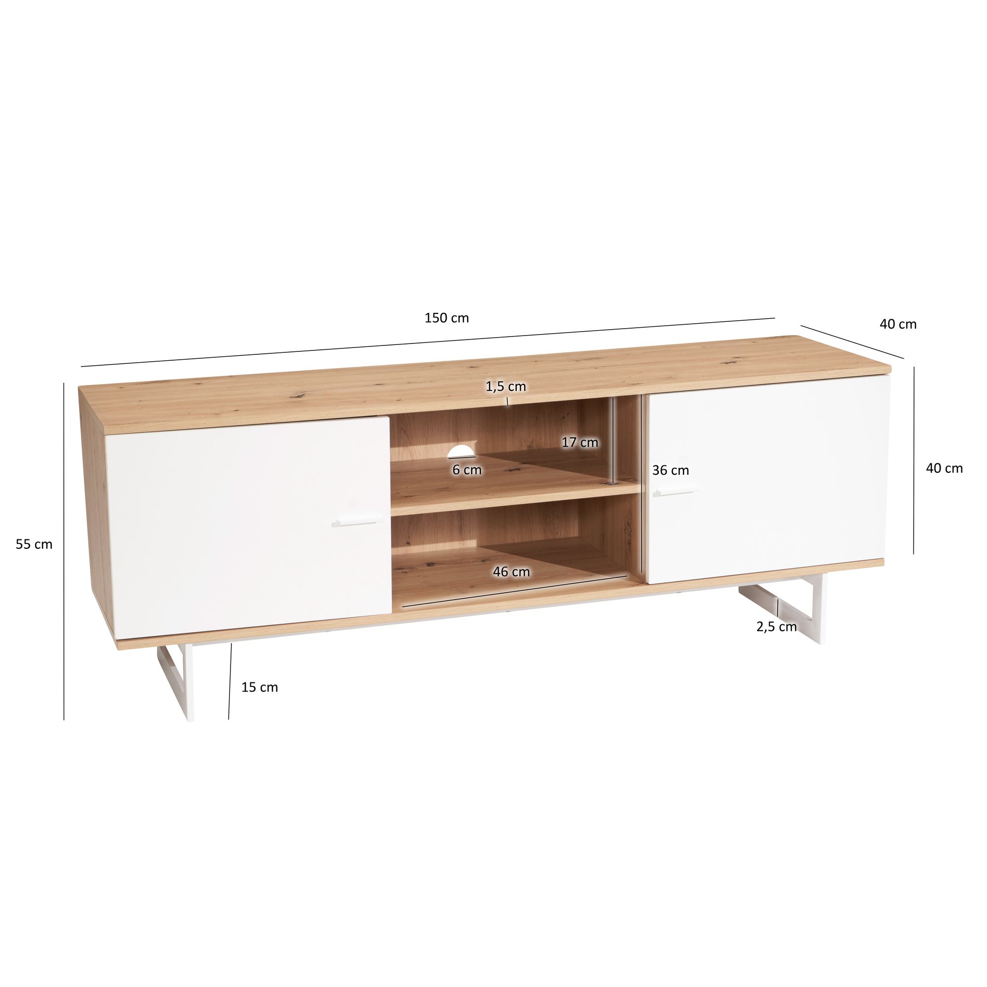 Credenza bassa in rovere bianco 150x55x40 cm mobile tv moderno, mobile tv di design alto, tavolo tv mobile tv con due ante, mobile tv soggiorno