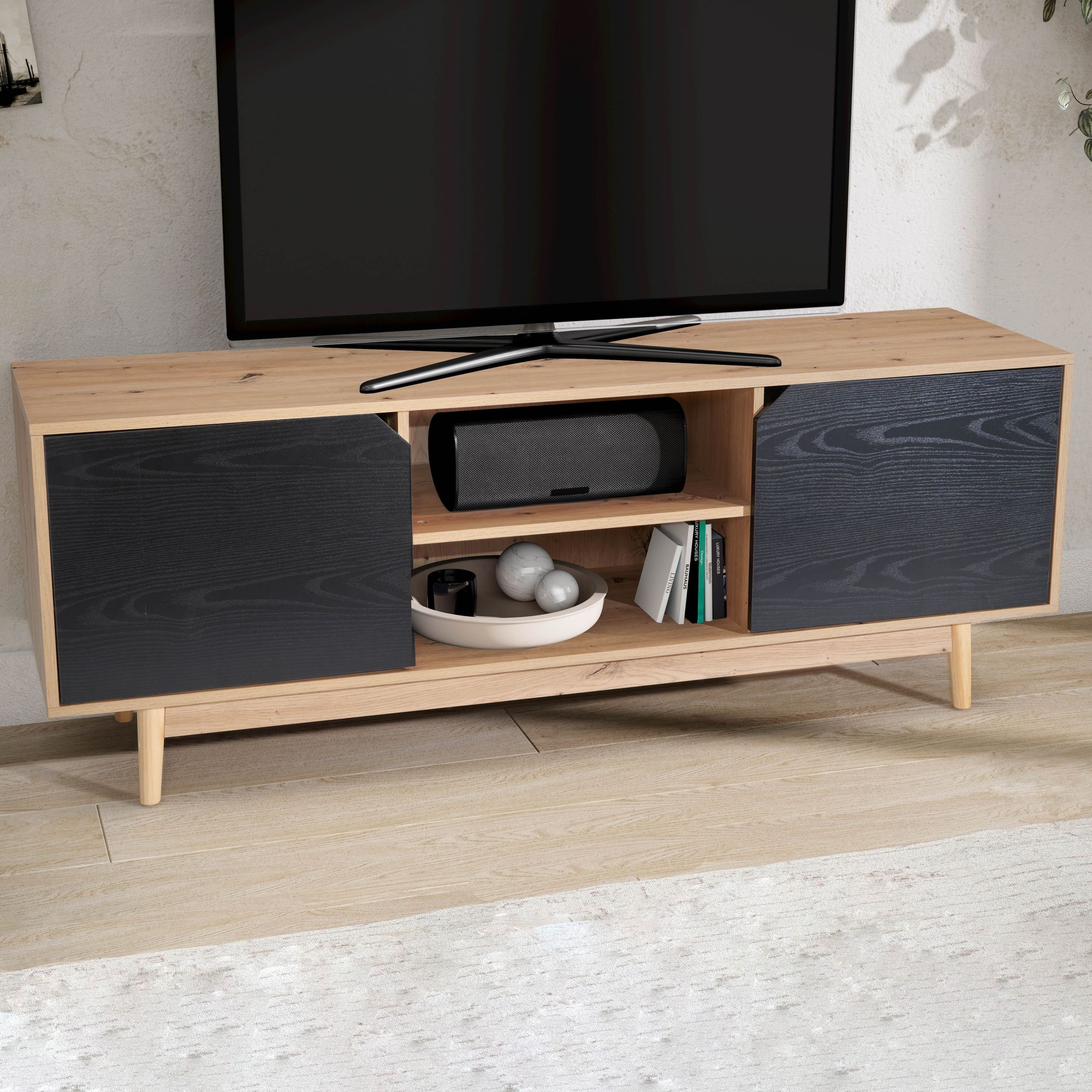 Mobile tv basso con decoro in rovere nero 150x55x40 cm mobile tv moderno, mobile tv di design alto, tavolo tv mobile tv con due ante, mobile tv soggiorno