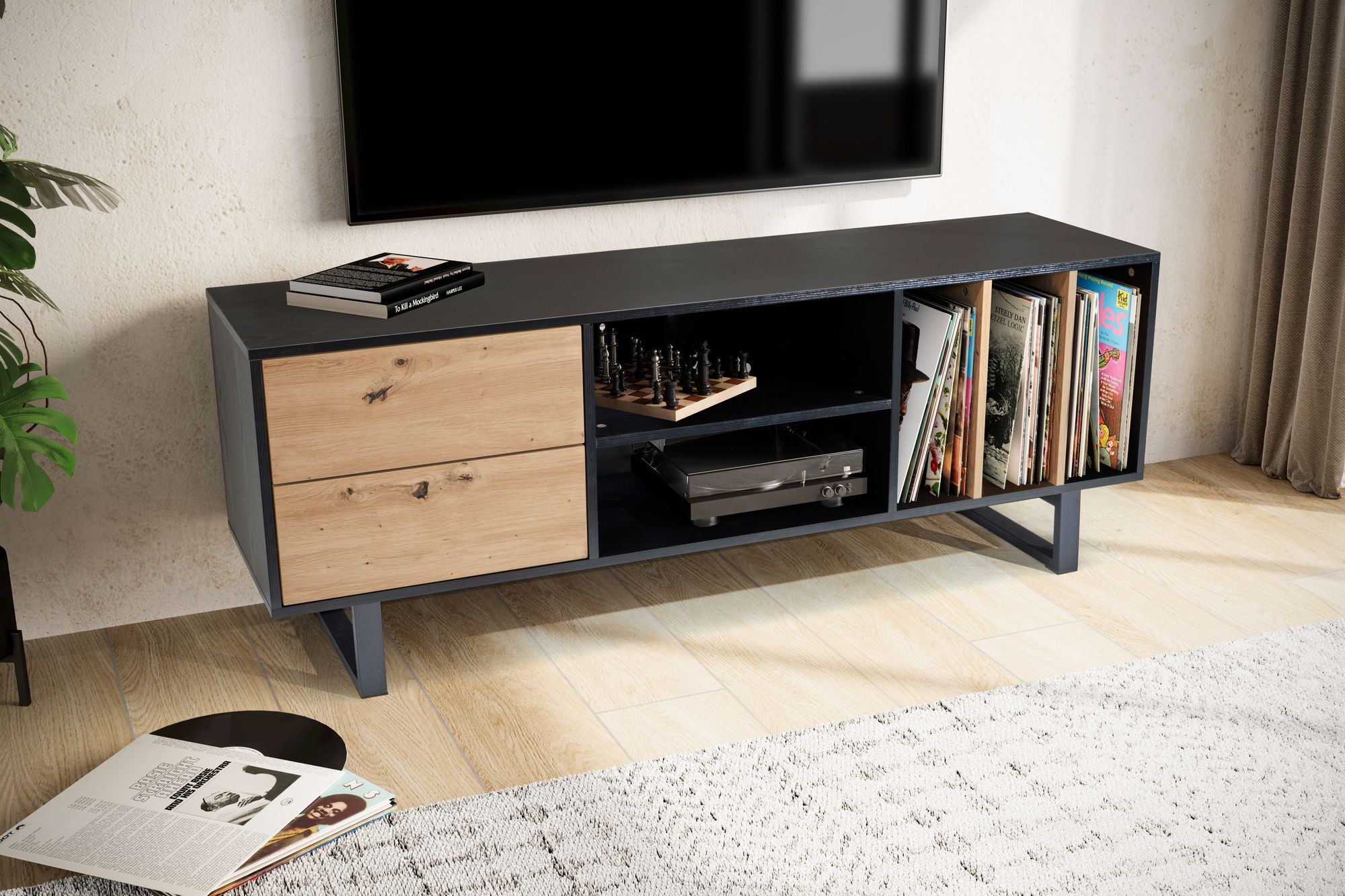 Credenza bassa nera con decoro in rovere 150x55x40 cm mobile tv moderno, mobile tv di design alto, tavolo tv mobile tv con cassetti e ripiano, mobile tv soggiorno