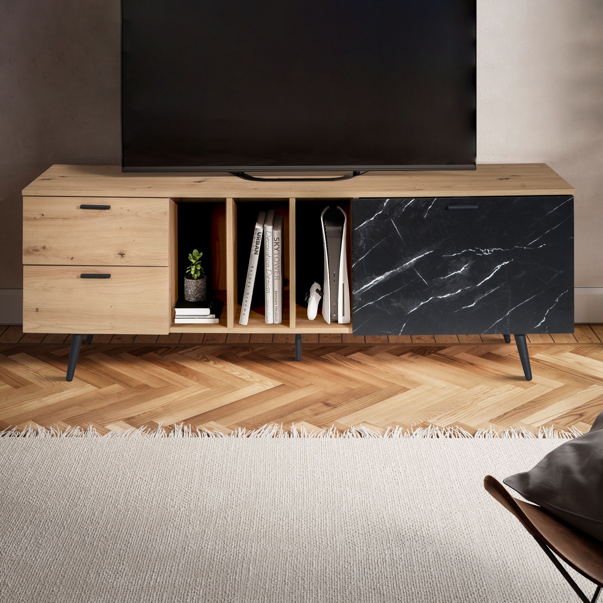 Mobile tv basso con decoro in rovere con aspetto marmo in nero 150x55x40 cm, mobile tv di design alto moderno, tavolo tv mobile tv con anta e cassetto, mobile tv soggiorno moderno