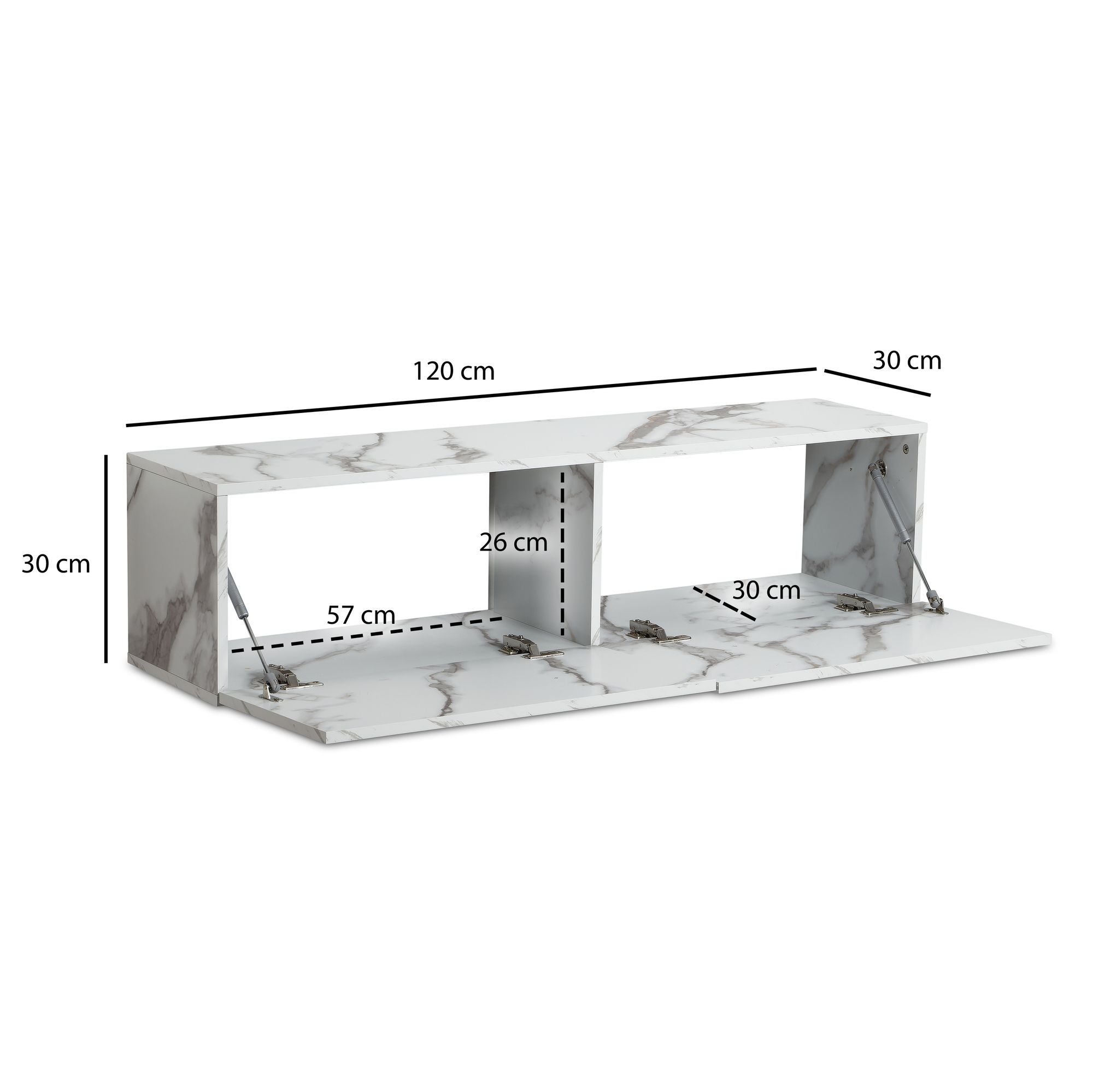 Mobile tv pensile basso effetto marmo bianco 120x30x30 cm, tavolo tv design con ante pieghevoli moderno, mobile tv da parete, cassettiera tv cassettiera tv da appendere