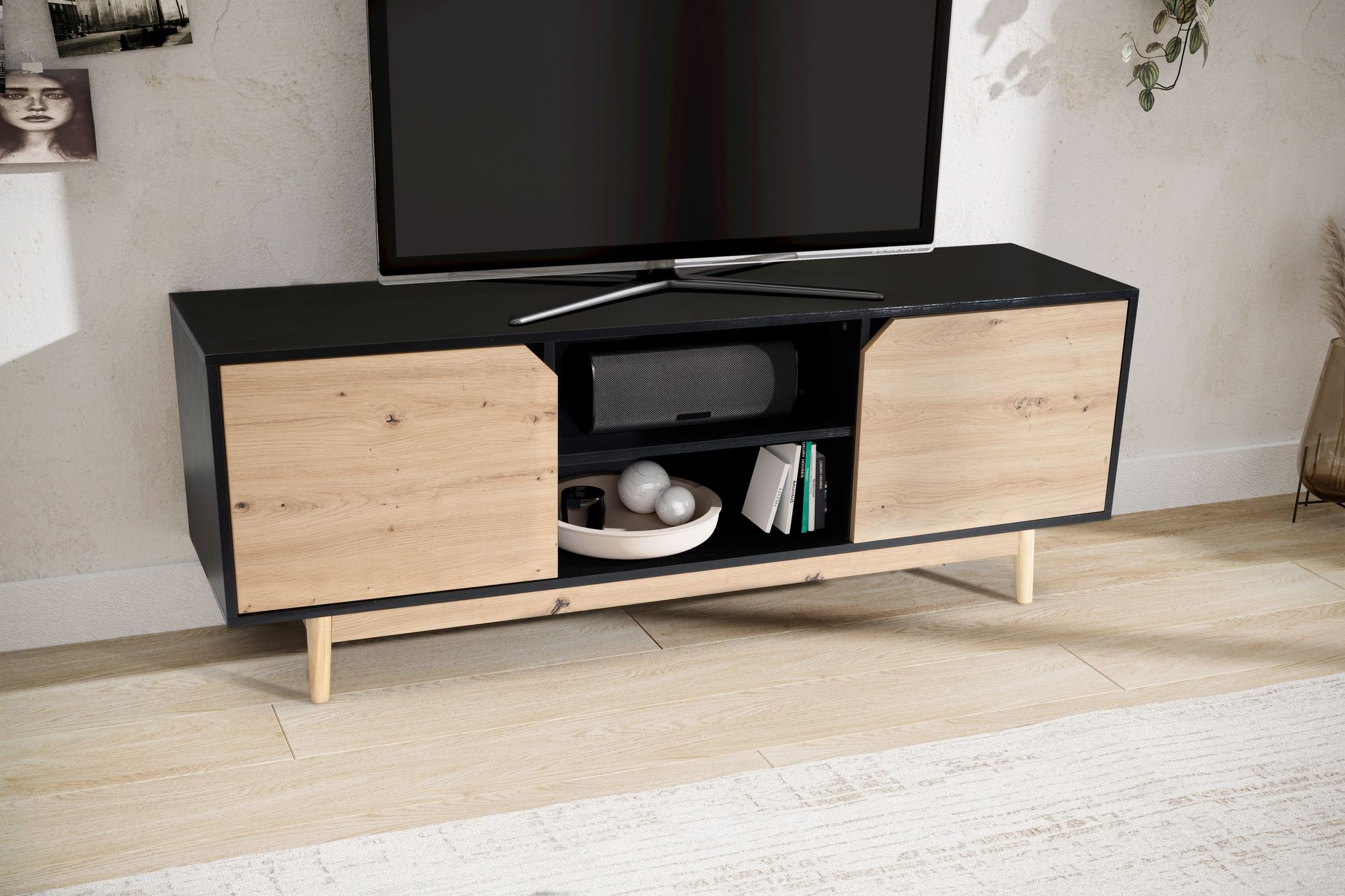 Credenza bassa decoro rovere nero 150x55x40 cm mobile tv moderno, mobile tv di design alto, tavolo tv mobile tv con due ante, mobile tv soggiorno