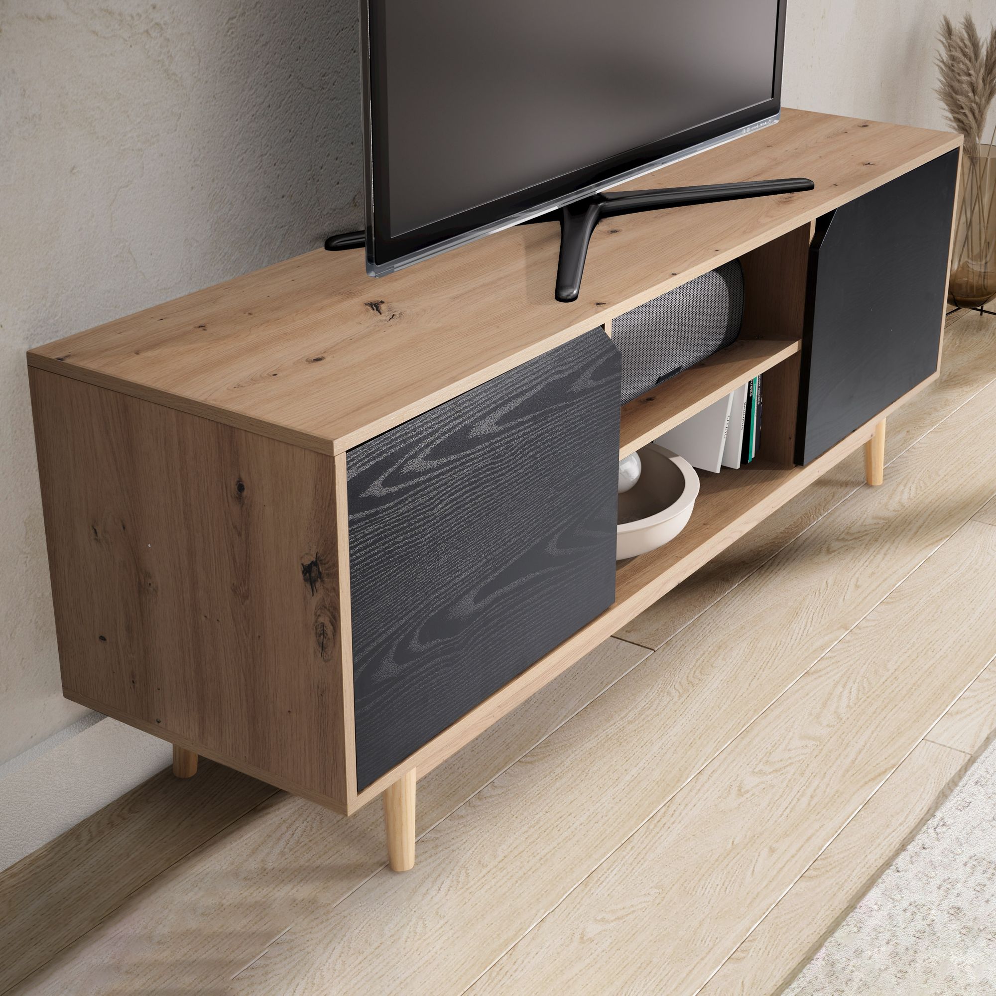 Mobile tv basso con decoro in rovere nero 150x55x40 cm mobile tv moderno, mobile tv di design alto, tavolo tv mobile tv con due ante, mobile tv soggiorno