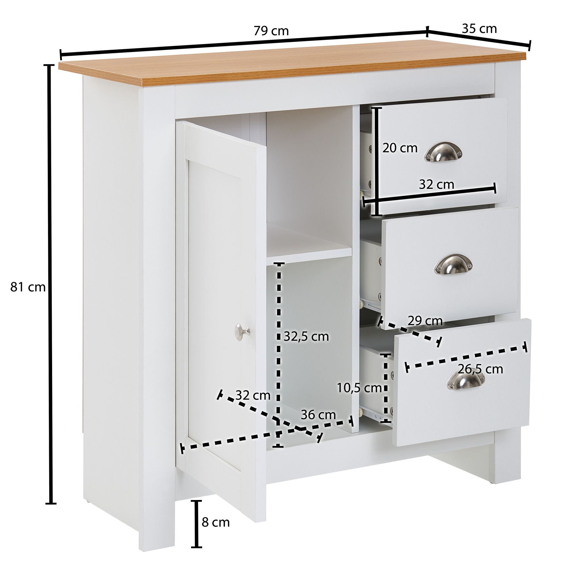 Credenza con 3 cassetti 79x81x35 cm cassettiera bianco/rovere moderno