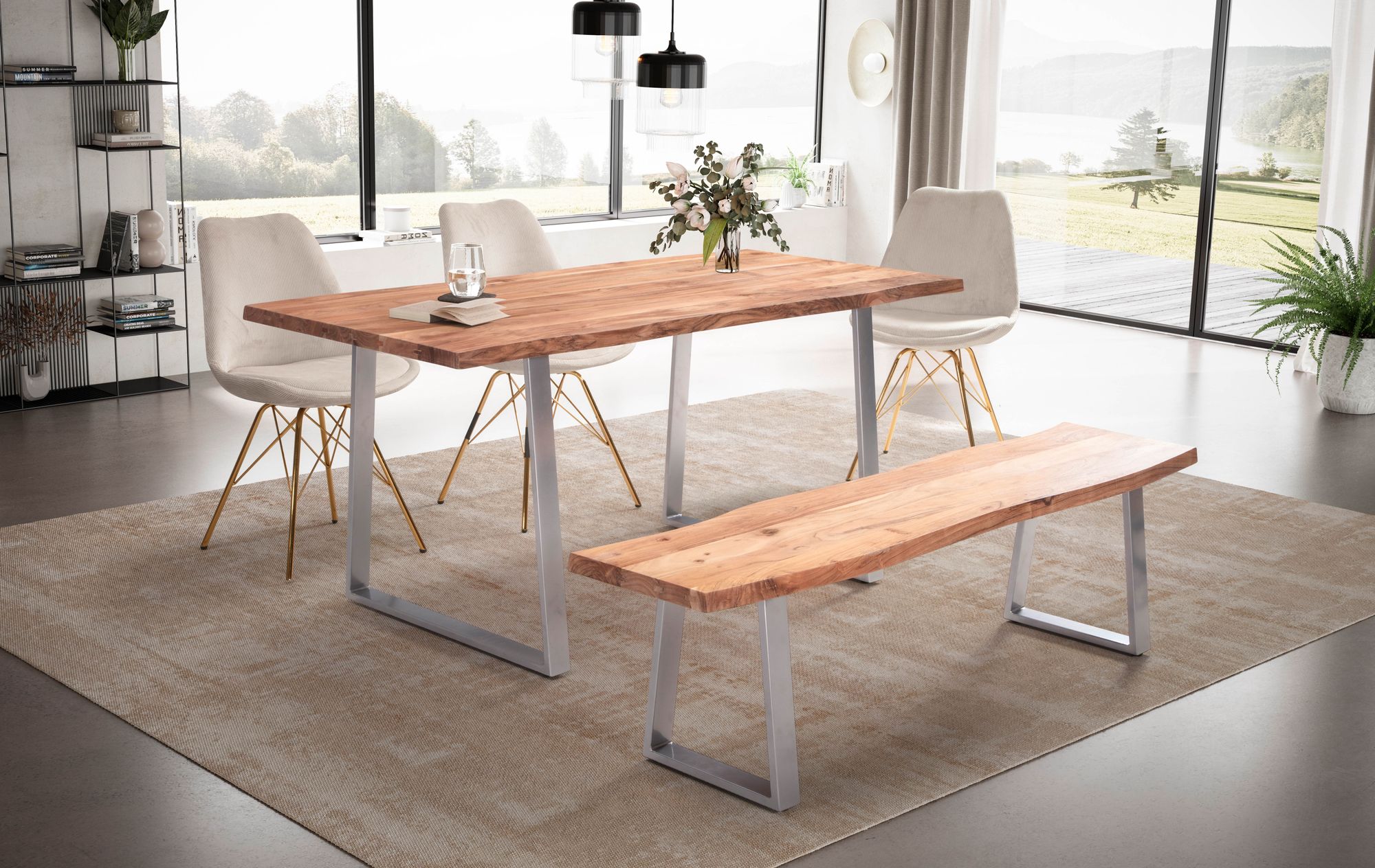 Tavolo da pranzo 120x60x76 cm tavolo da pranzo in legno massello di acacia / metallo bordo albero, tavolo da cucina massiccio con gambe trapezoidali cromate, tavolo in legno tavolo da pranzo sala da pranzo rettangolare