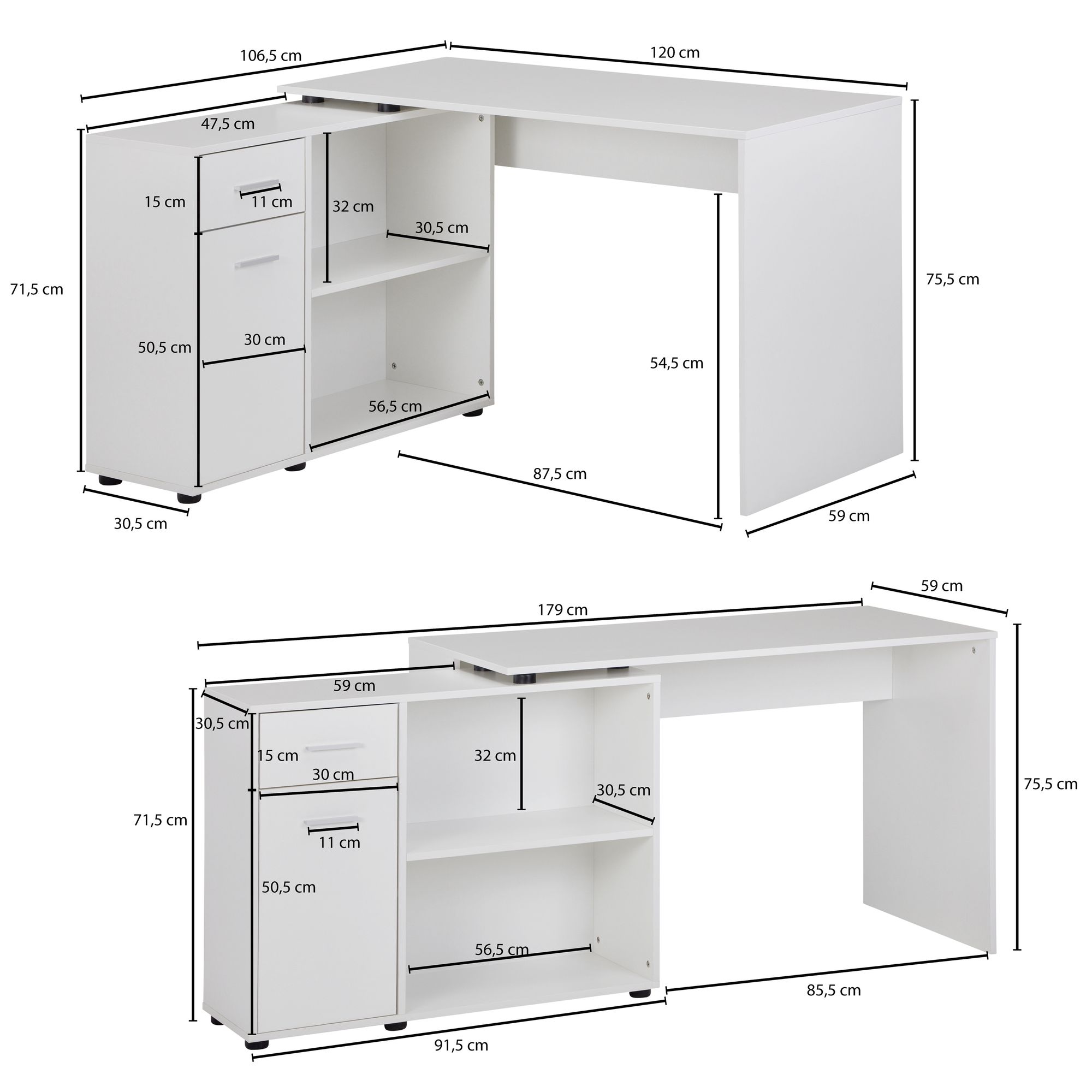 Design  angolo con ripiano bianco 120 x 75,5 x 106,5 cm