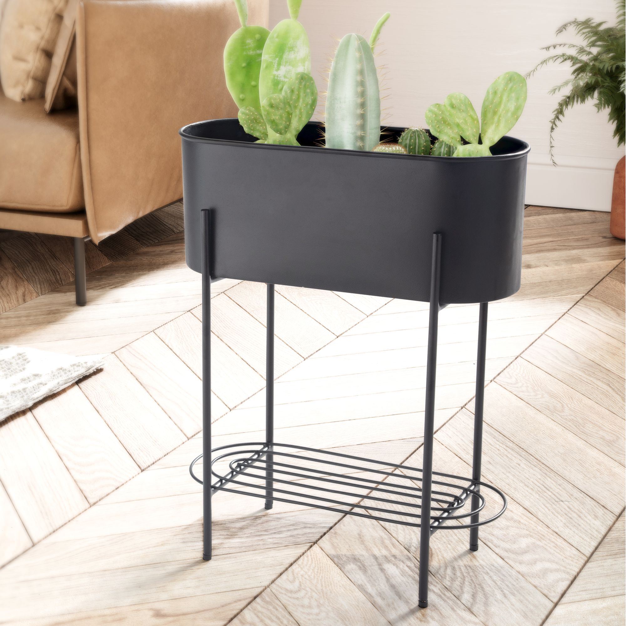 Fioriera in metallo 51x65x22 cm vaso per piante nero con telaio e ripiano