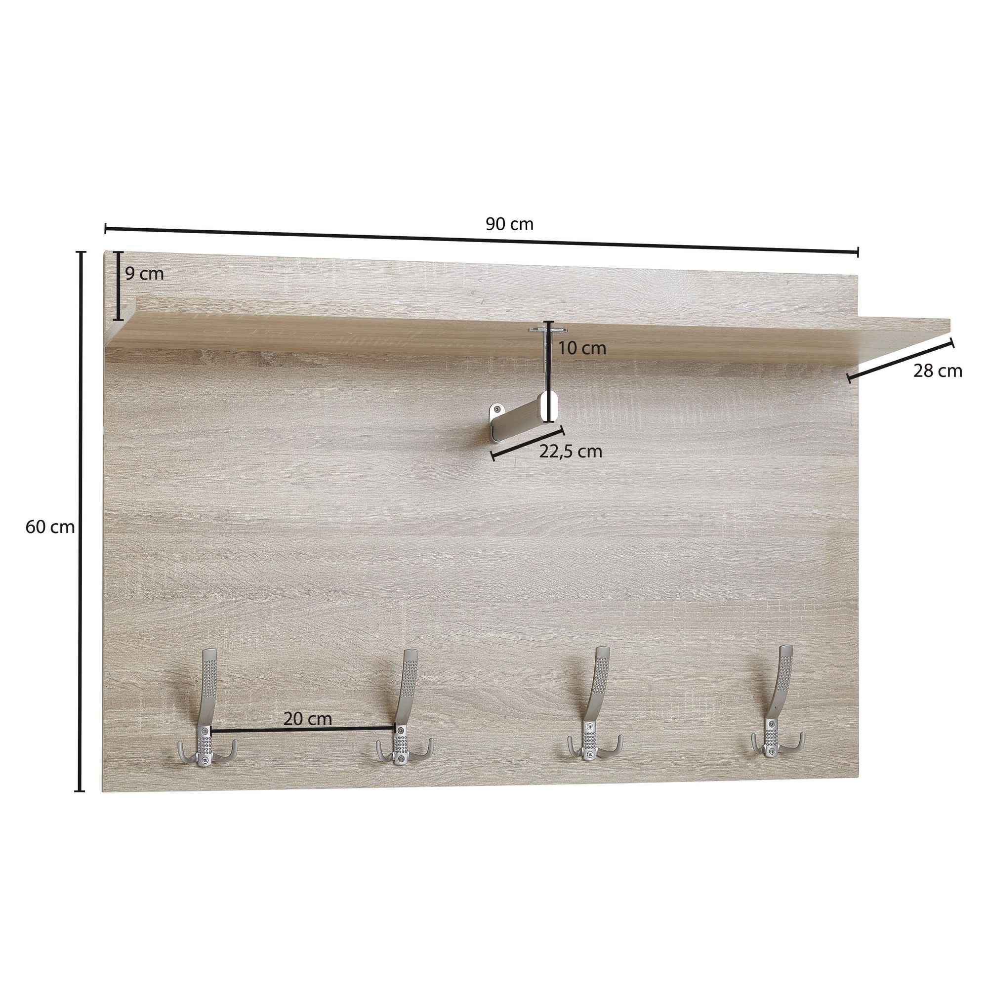 Appendiabiti da parete rovere sonoma 90x60x29,5 cm appendiabiti da corridoio di design in legno, pannello appendiabiti da parete con ripiano e asta appendiabiti, appendiabiti da parete, appendiabiti da corridoio