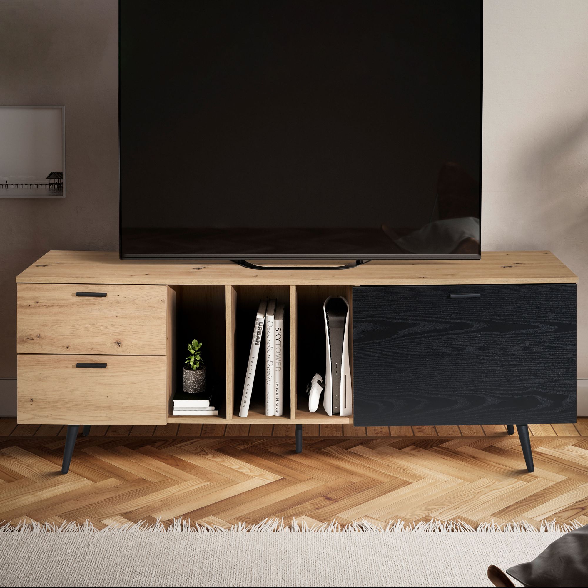 Tv basso con decoro in rovere nero 150x55x40 cm design moderno, mobile tv alto, tavolo tv mobile tv con anta e cassetti, mobile tv soggiorno moderno