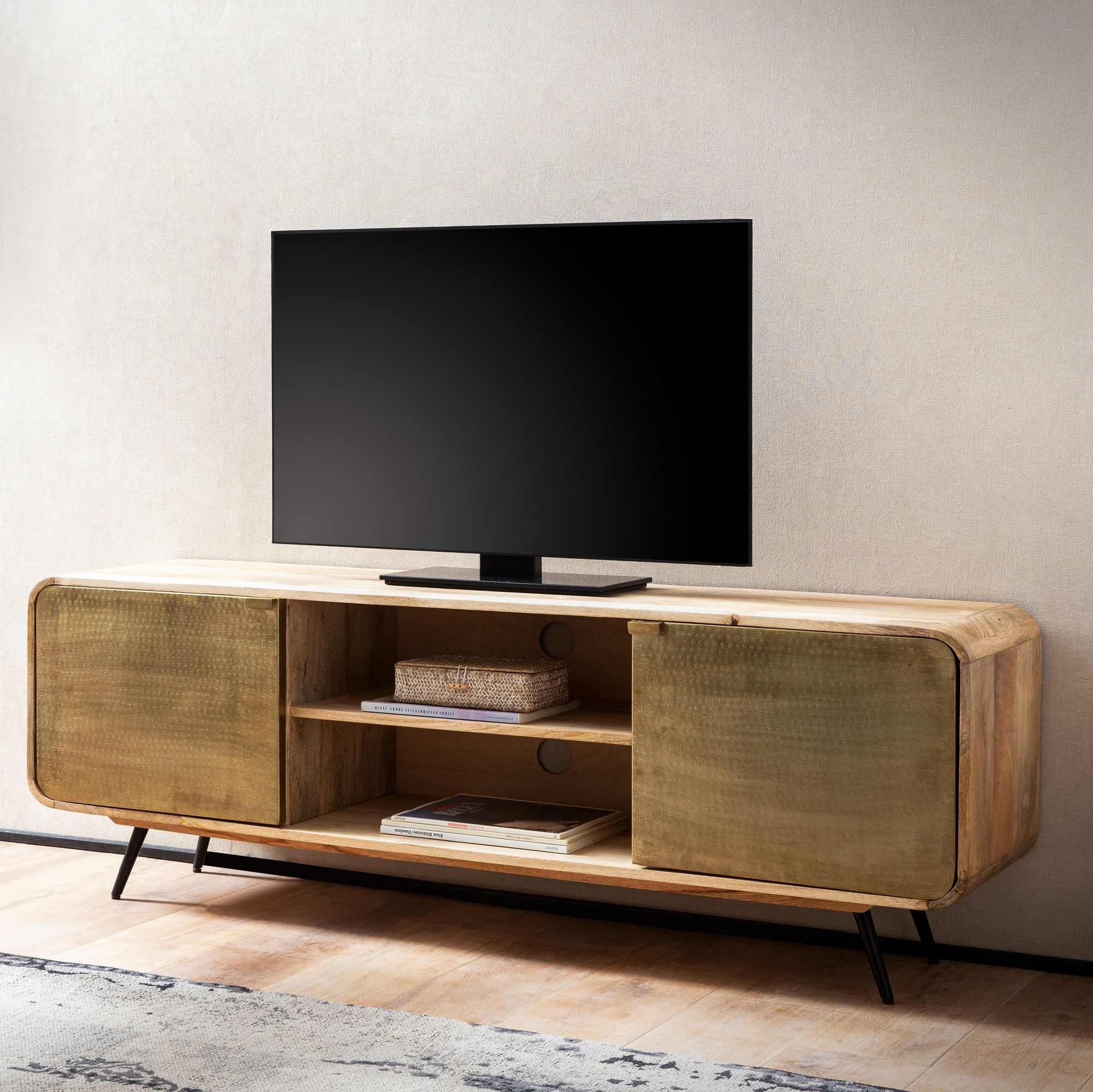 Mobile tv lowboard in legno massello di mango 160x55x41 cm con due ante forate, mobile tv di design alto, tavolo tv mobile tv moderno, mobile tv soggiorno